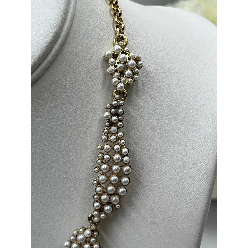 Oscar de la Renta Crystal Torn Paper Pearl Glamour Antique Gold Tone Necklace - Picture 4 of 12